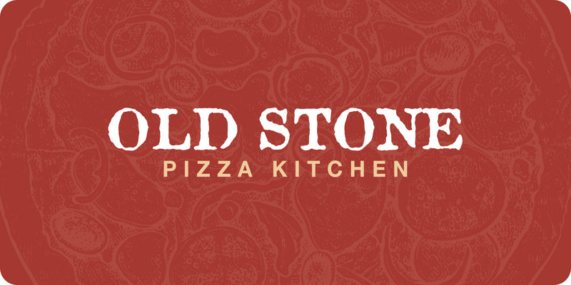 Old Stone Pizza Kitchen gift card with red background and pizza pattern