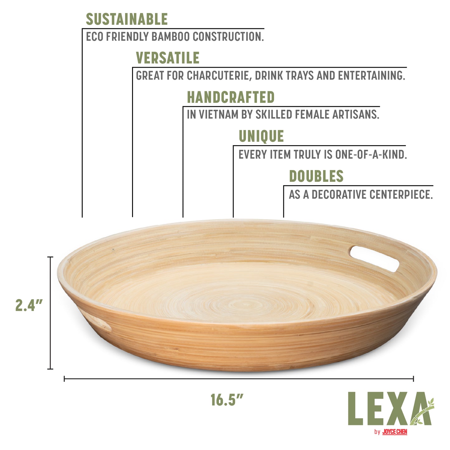 Lexa Bamboo Serving Tray w/ Handles, 16 Inch