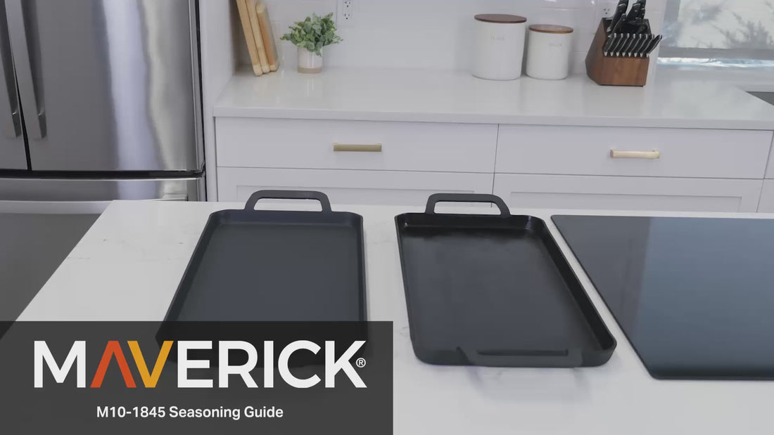 Maverick griddle seasoning tutorial — chef demonstrating how to season and care for a cast iron griddle on a gas stove.