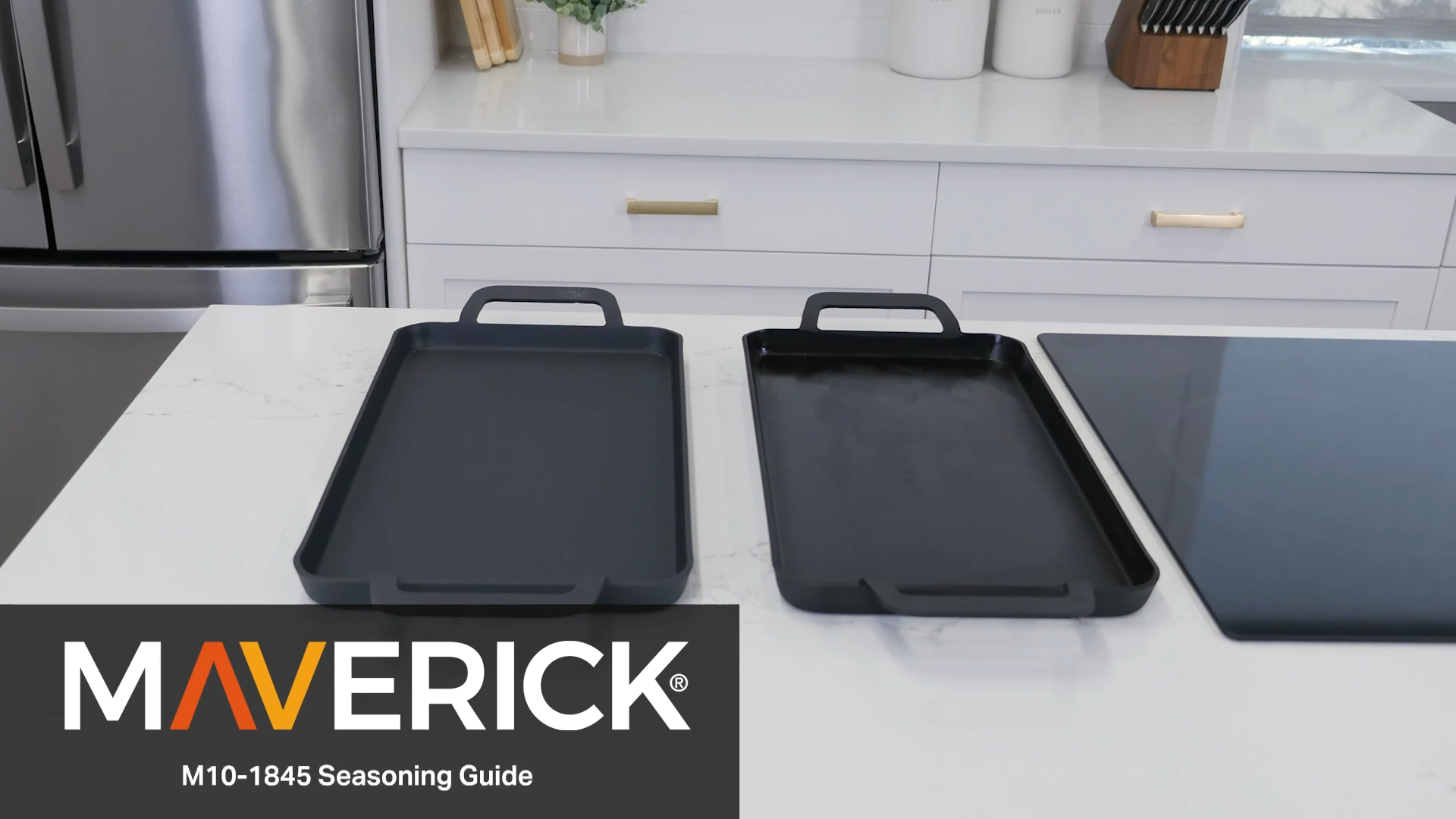 Load video: Maverick griddle seasoning tutorial — chef demonstrating how to season and care for a cast iron griddle on a gas stove.