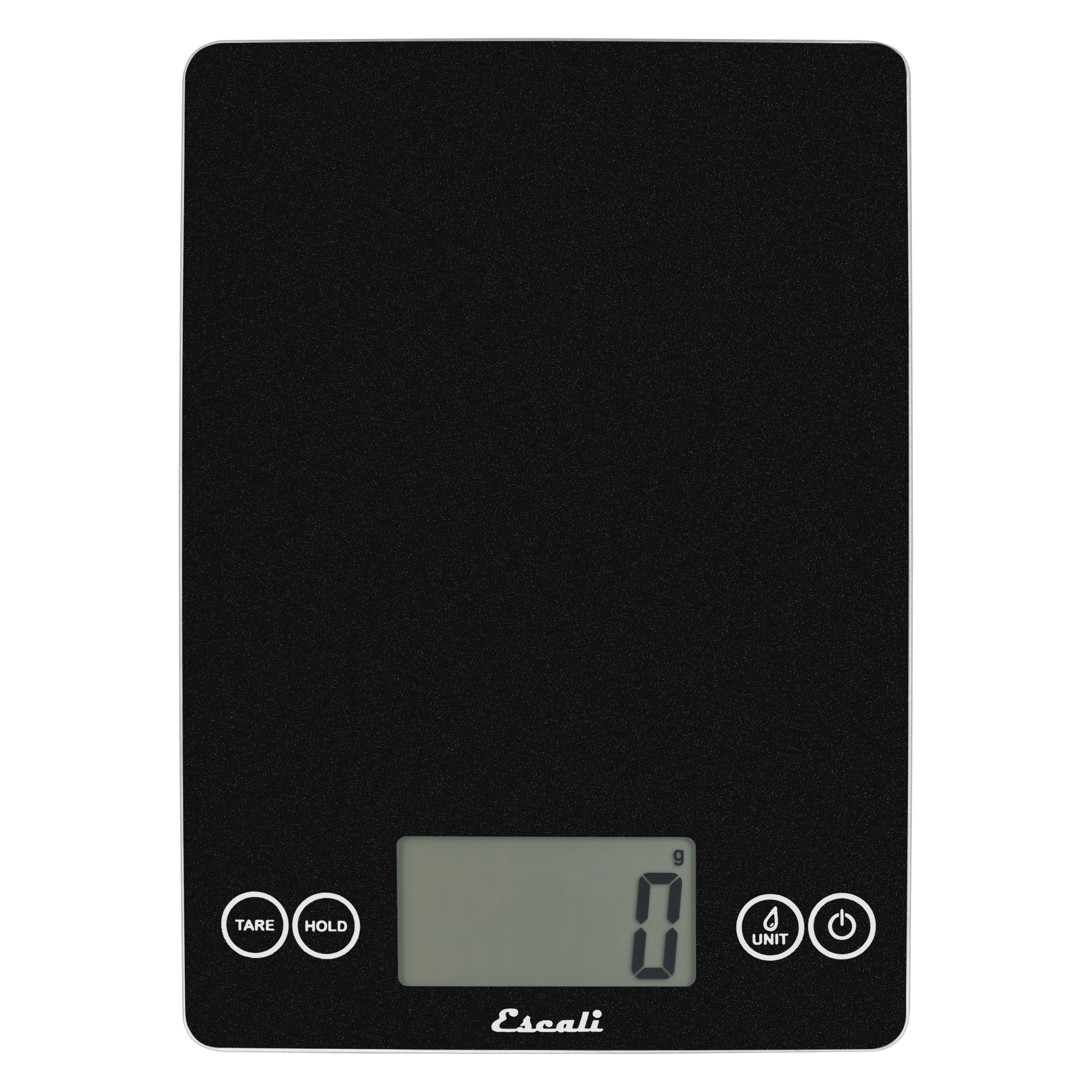 A photo of a black obsidian color ARTI Digital Kitchen Scale on a white background.