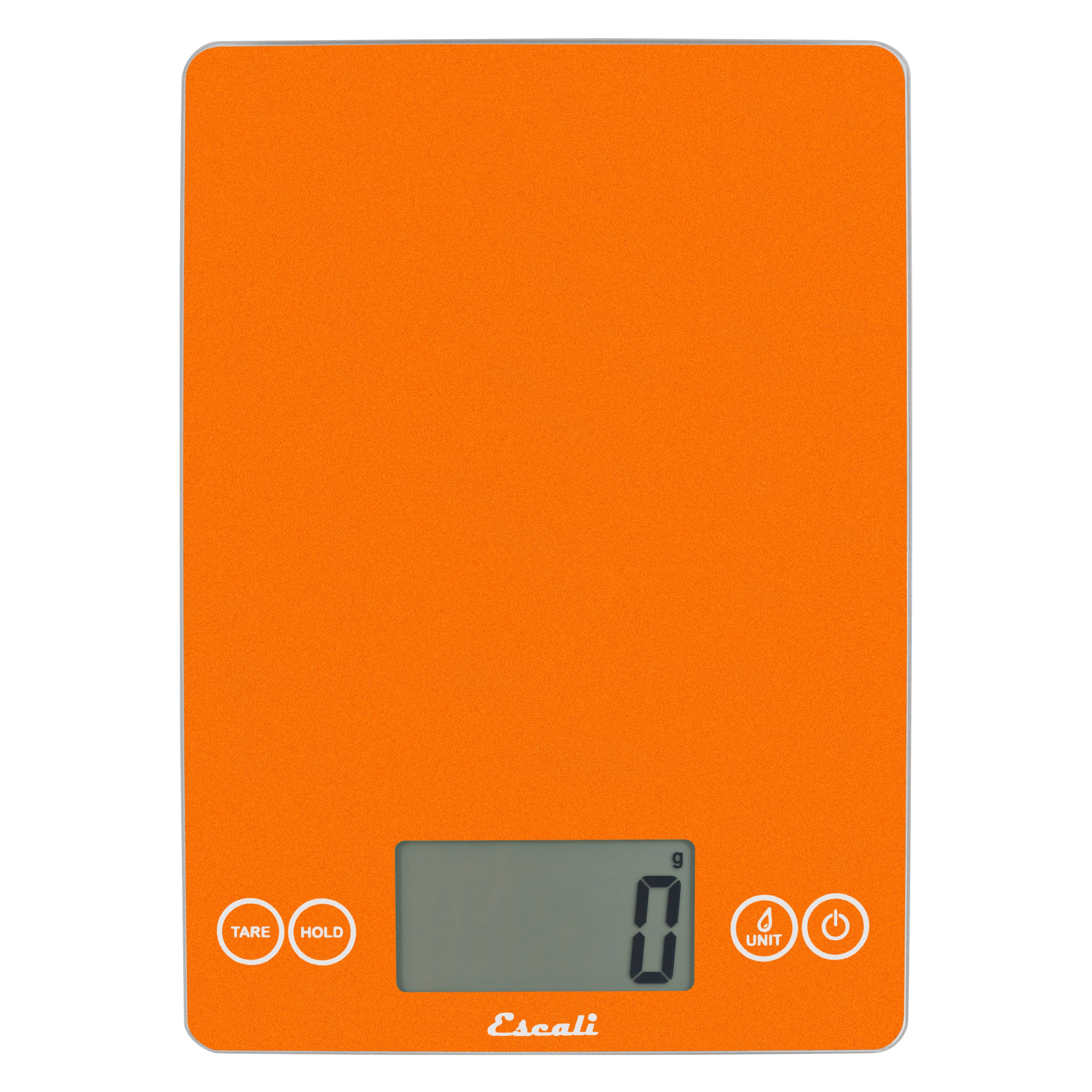 A photo of a orange sol color ARTI Digital Kitchen Scale on a white background.