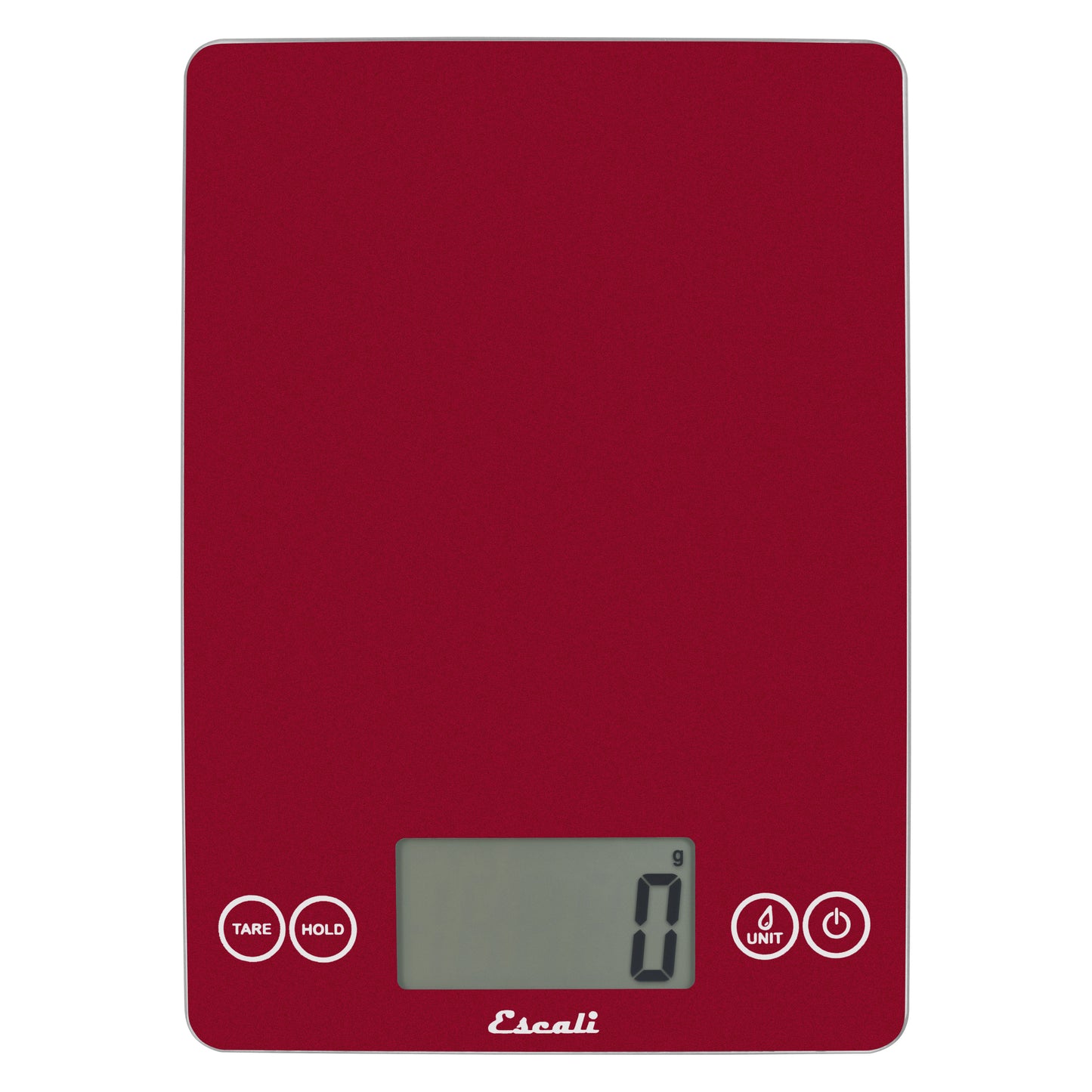 A photo of a rio red color ARTI Digital Kitchen Scale on a white background.