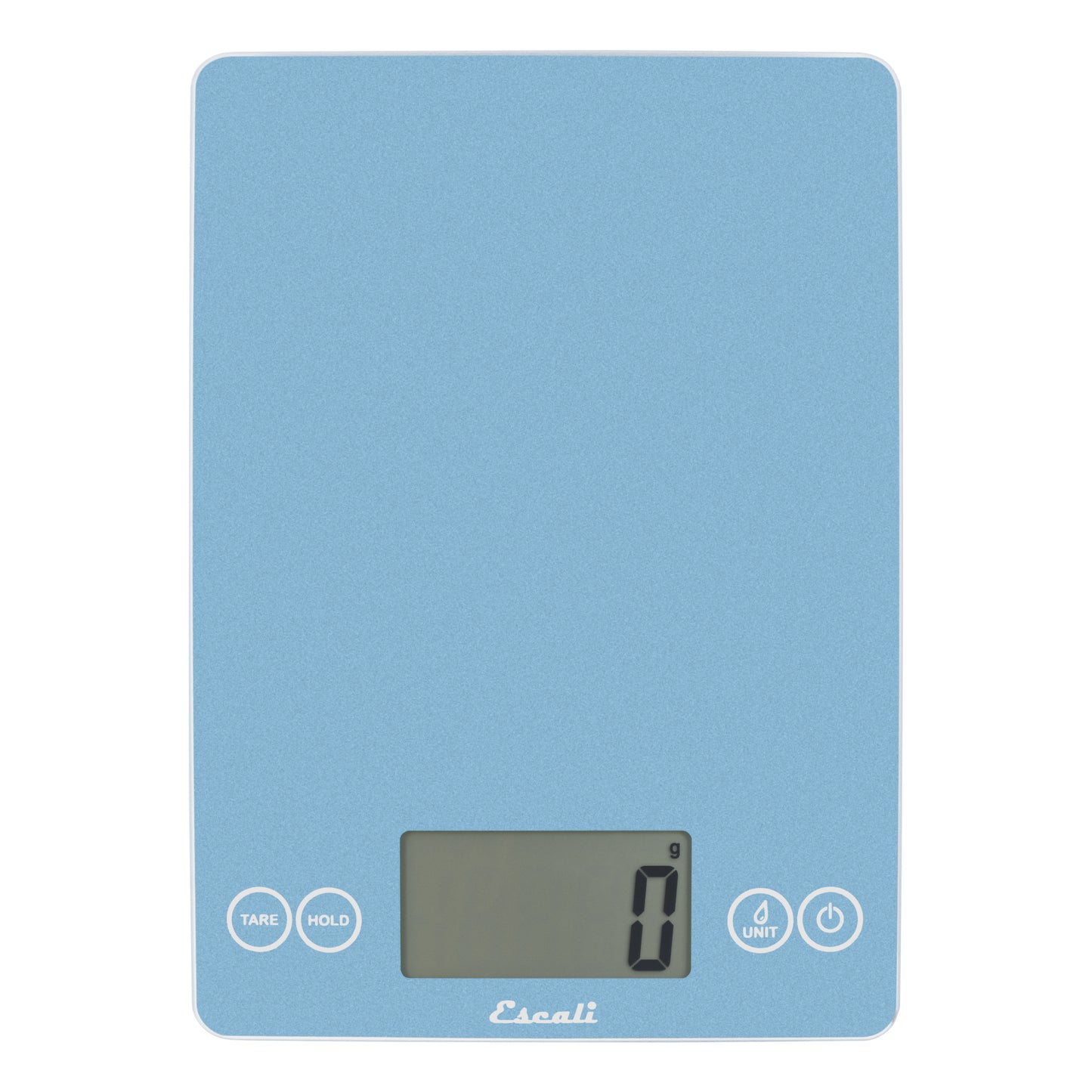 A photo of a sky blue color ARTI Digital Kitchen Scale on a white background.