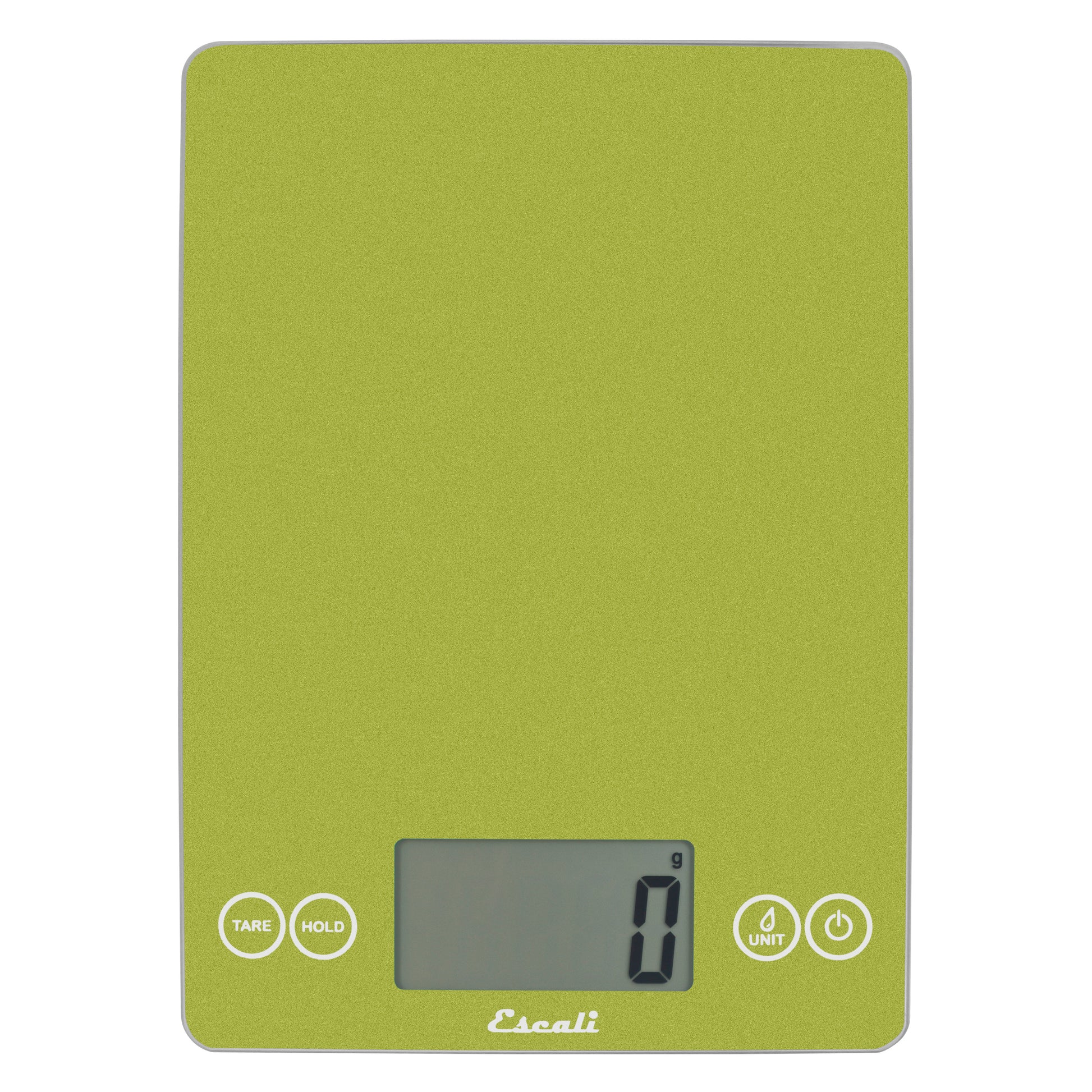 A photo of a succulent green color ARTI Digital Kitchen Scale on a white background.