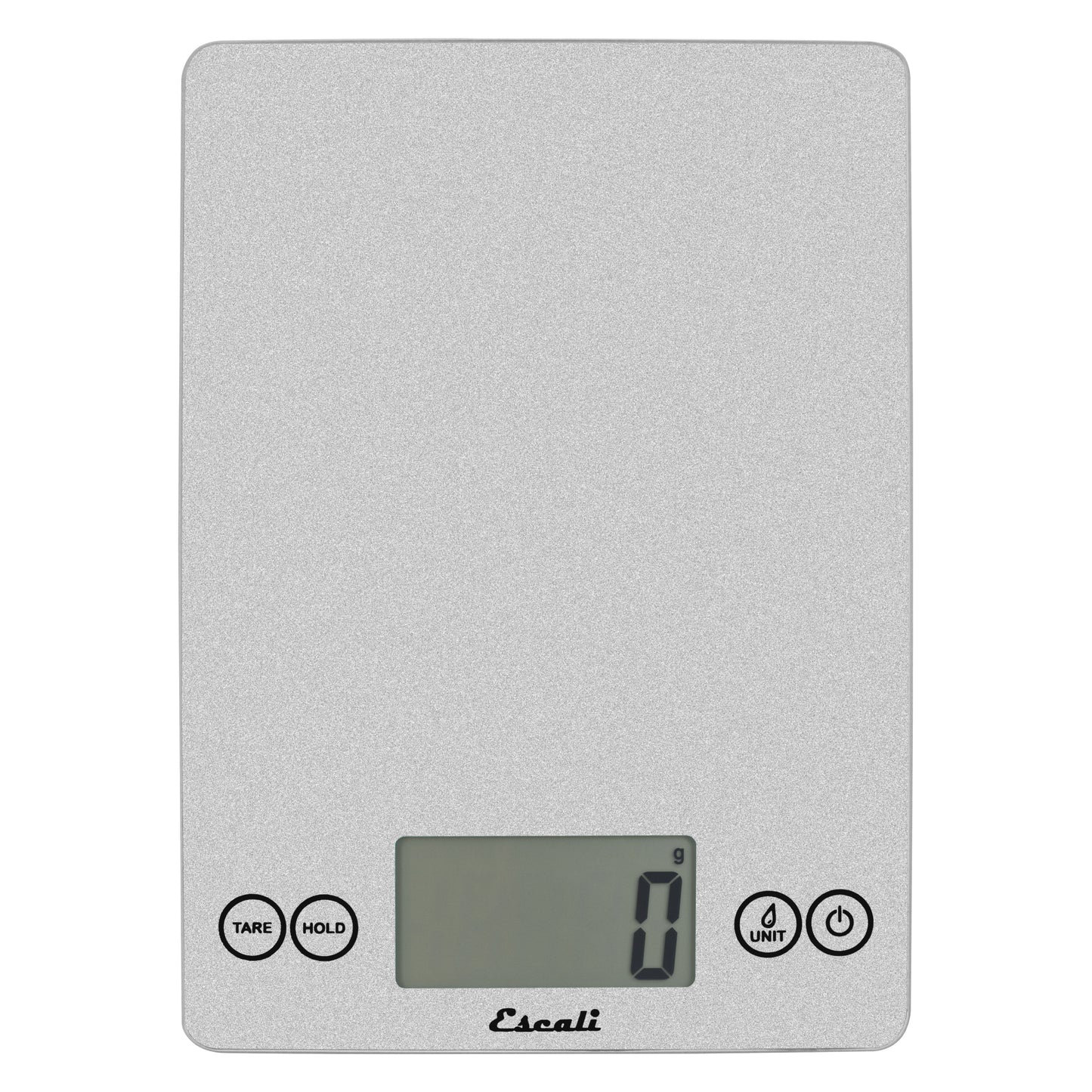 A photo of a shiny silver color ARTI Digital Kitchen Scale on a white background.
