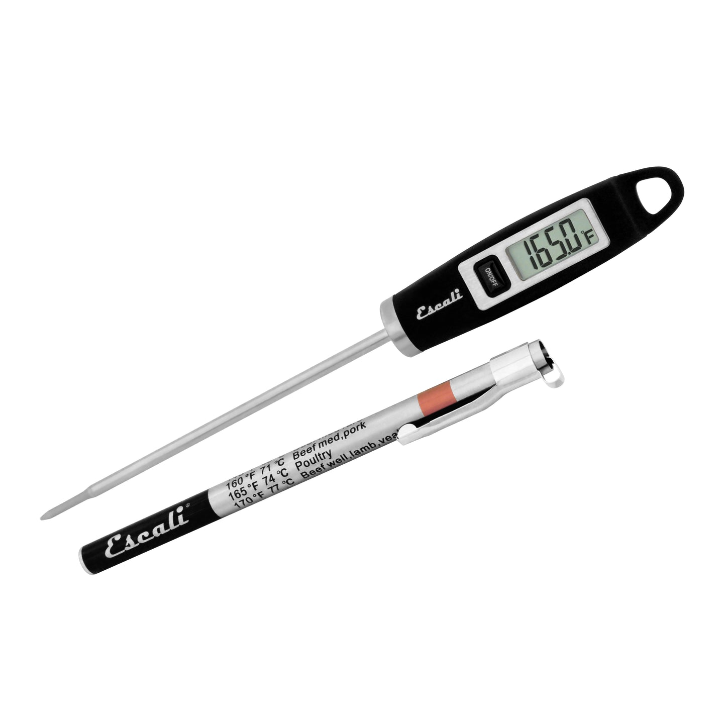 A photo of a black DH1 Gourmet Digital Thermometer on a white background