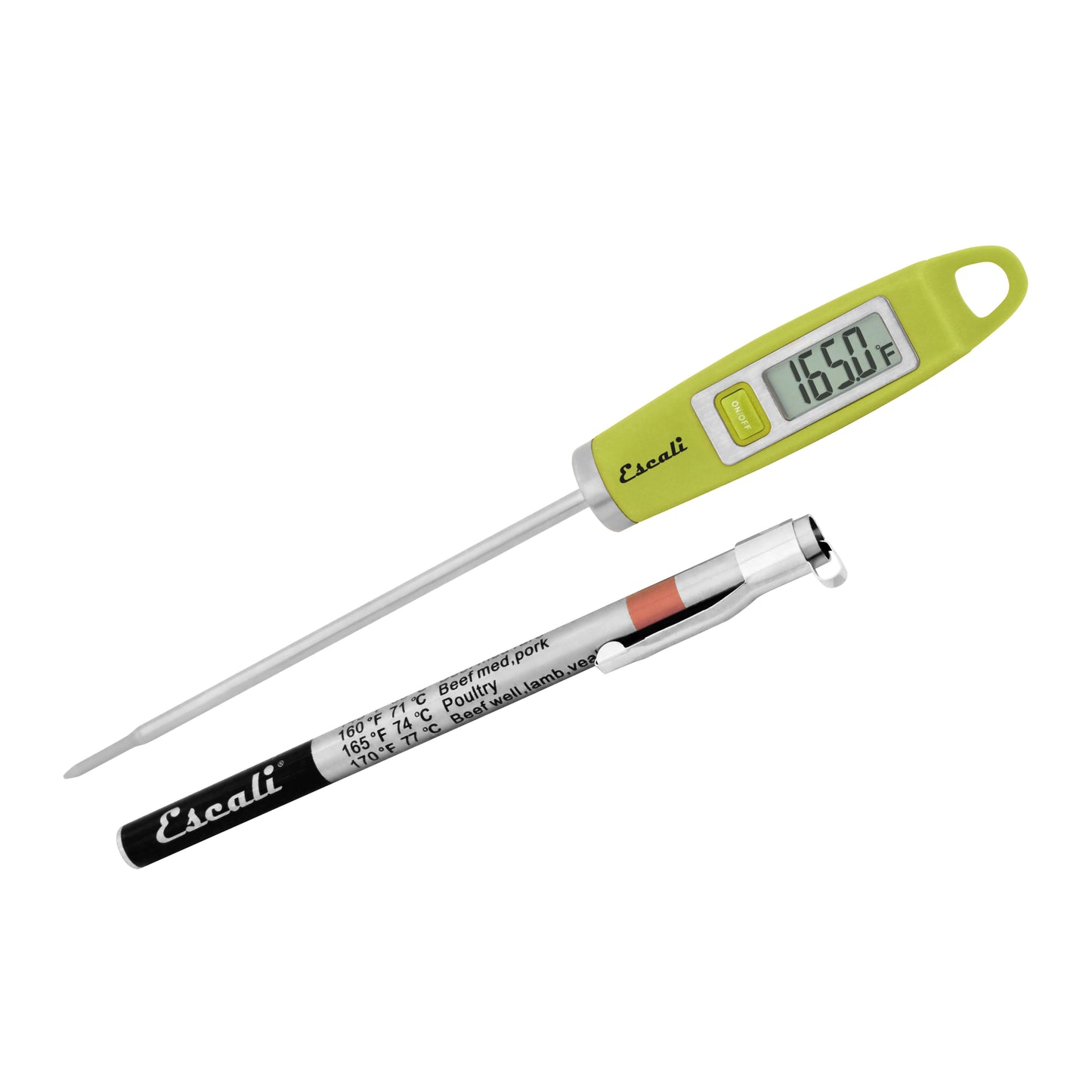 A photo of a green DH1 Gourmet Digital Thermometer on a white background