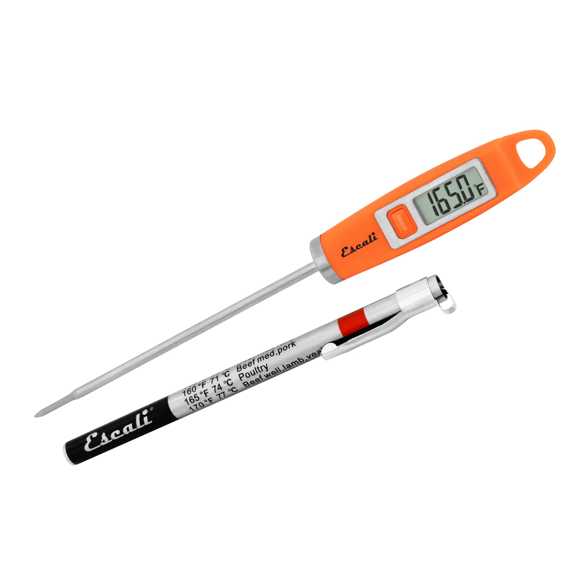 A photo of an orange DH1 Gourmet Digital Thermometer on a white background