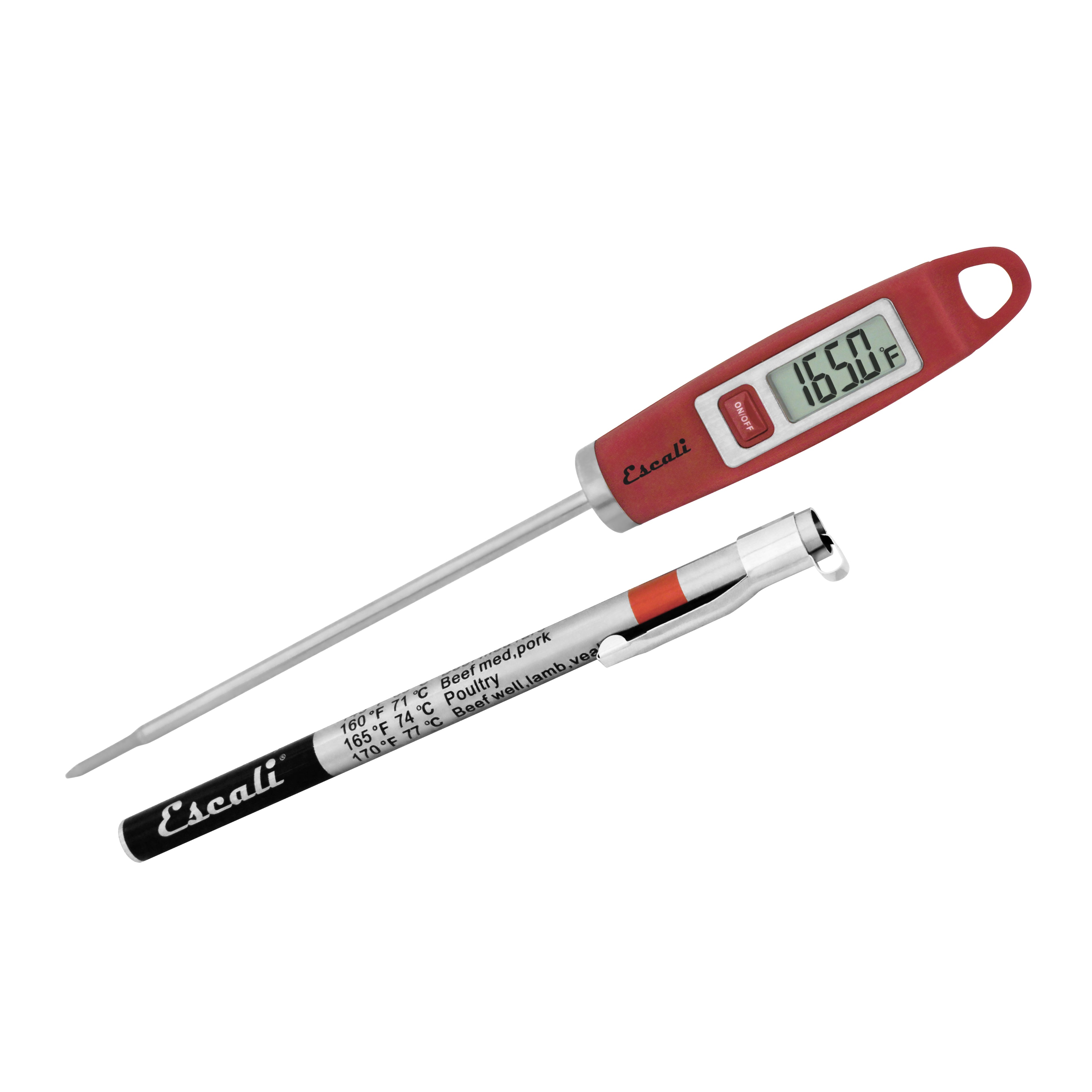 A photo of a red DH1 Gourmet Digital Thermometer on a white background