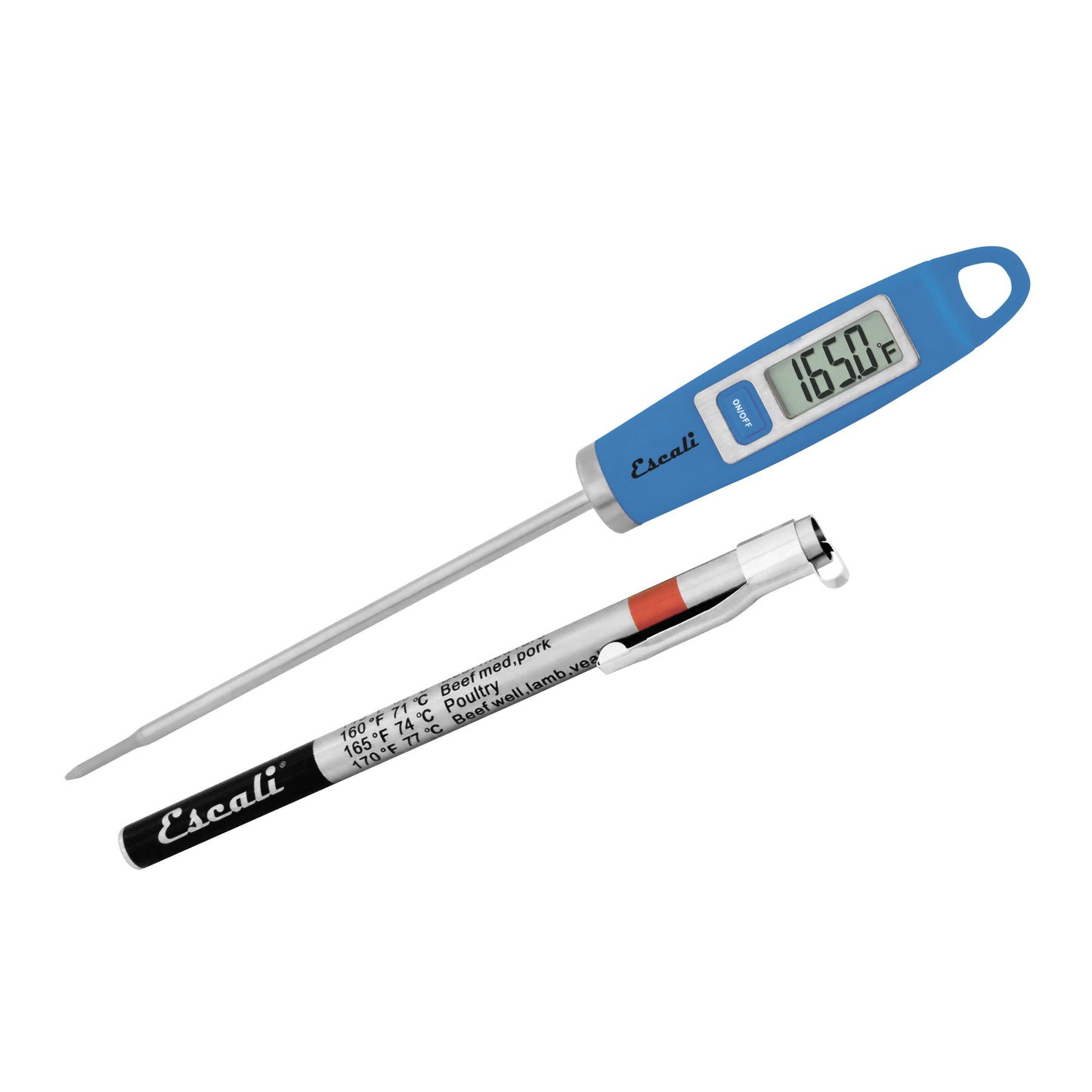 A photo of a blue DH1 Gourmet Digital Thermometer on a white background