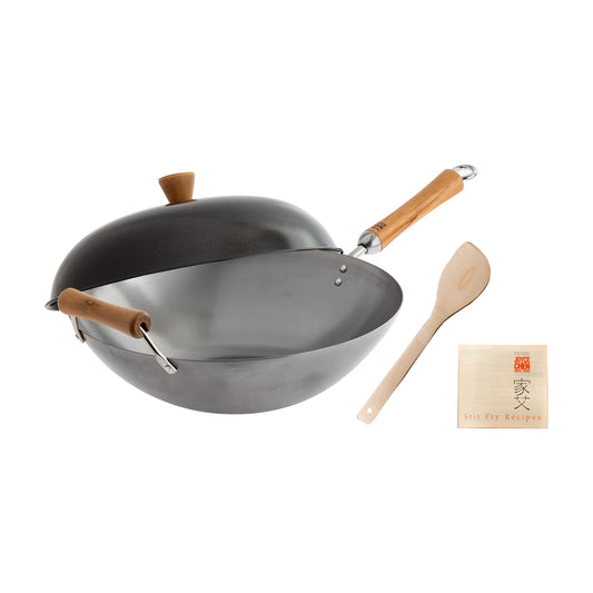 Classic Series 14-Inch Uncoated Carbon Steel Flat Bottom Wok Set with Lid and Birch Handles, 4 Pieces