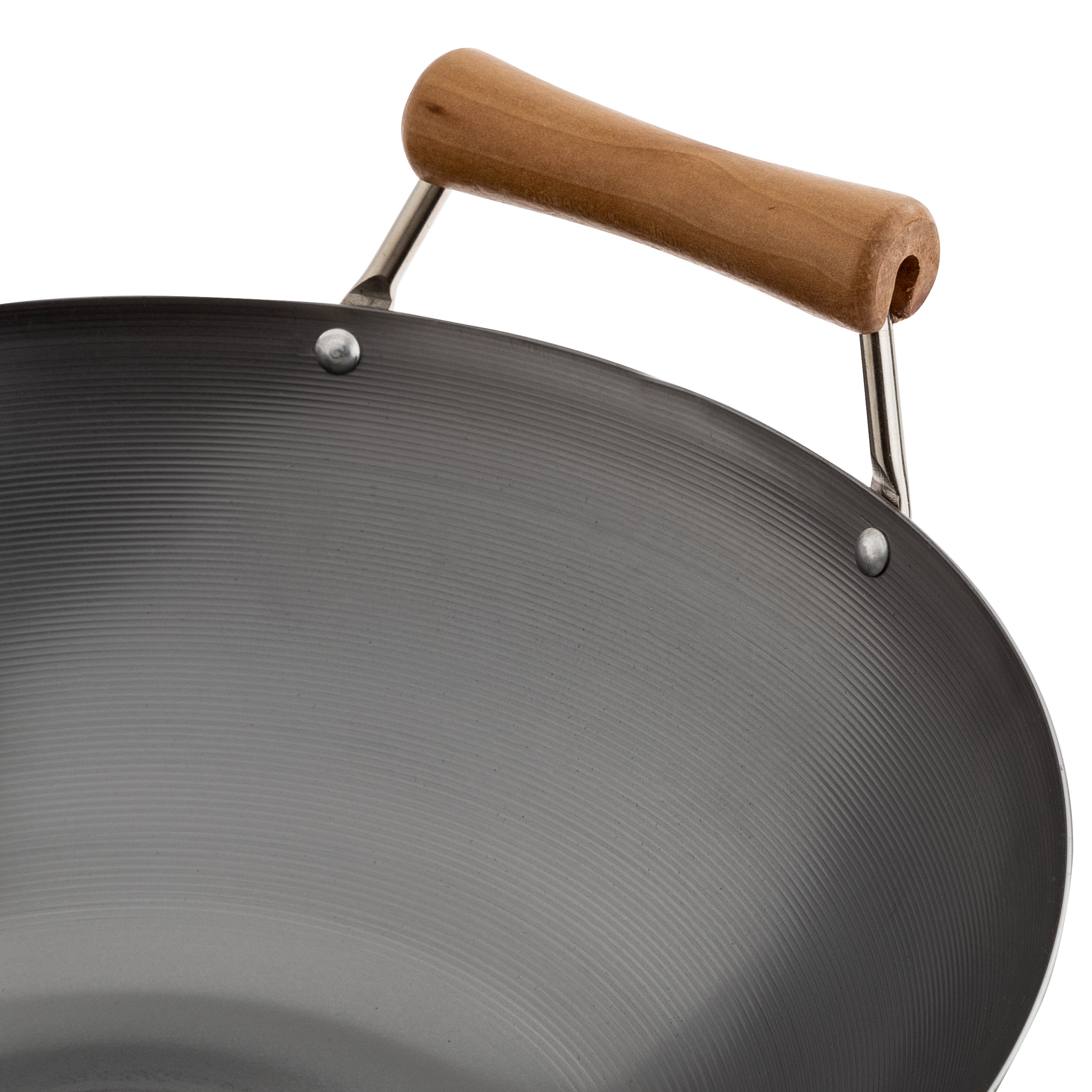 Classic Series 14-Inch Uncoated Carbon Steel Flat Bottom Wok Set with Lid and Birch Handles, 4 Pieces