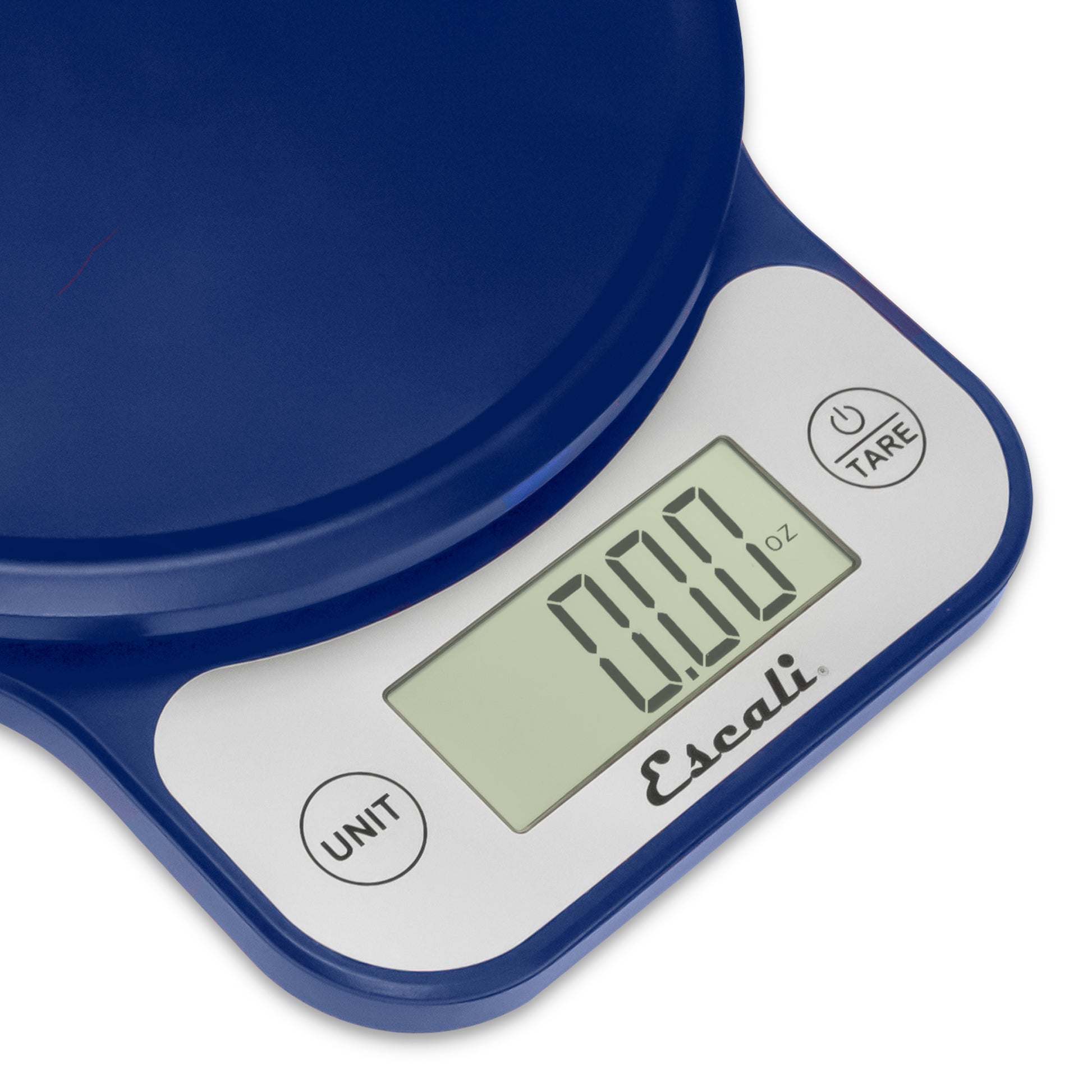 A closeup photo of the display on a blue Telero Digital Kitchen Scale.